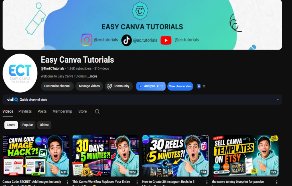Easy Canva Tutorials YouTube channel homepage showing Canva tutorial videos, subscriber count, and channel banner.