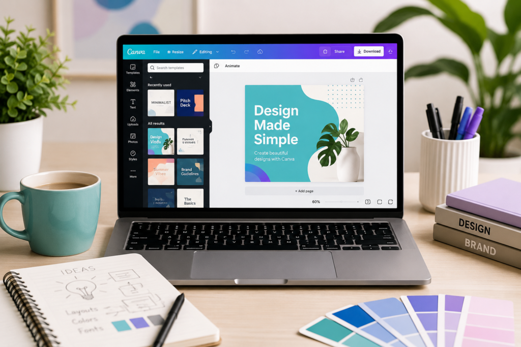 Laptop showing a Canva design workspace for creating a first beginner design
