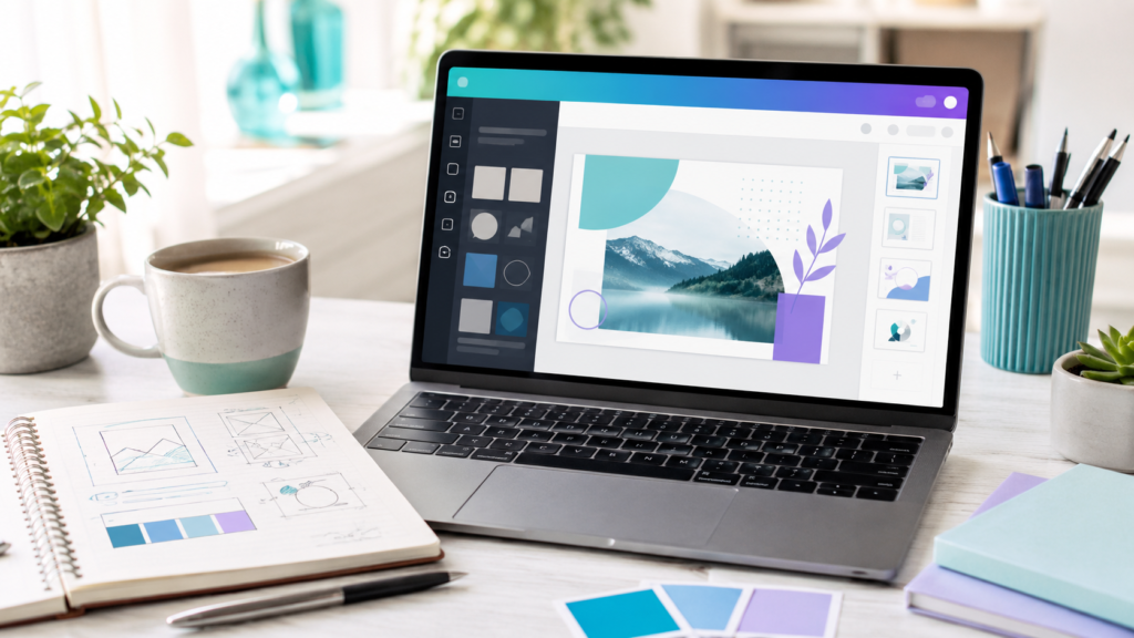 Beginner Canva design workspace showing a laptop with a simple design editor